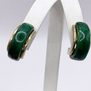 Green faux malachite stone and gold tone chunky half hoop earrings chic
